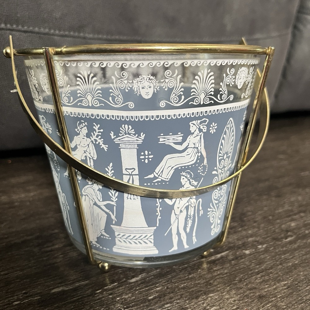 Vintage Jeanette Ice Bucket Glass Greek Roman  Blue White‎ Brass Carrier MCM